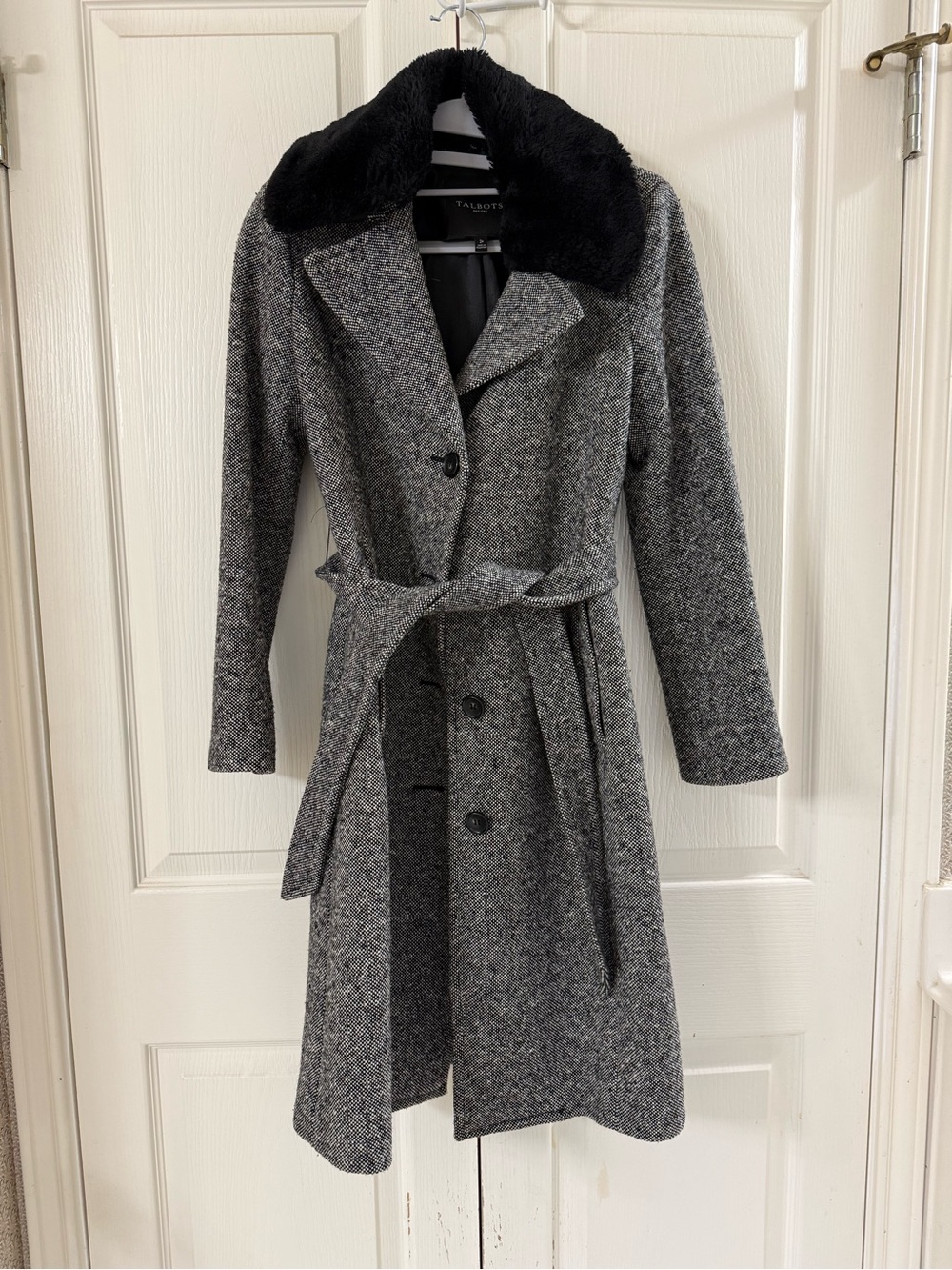 Talbots Gray Wool-Blend Trench with Black Faux Fur Collar